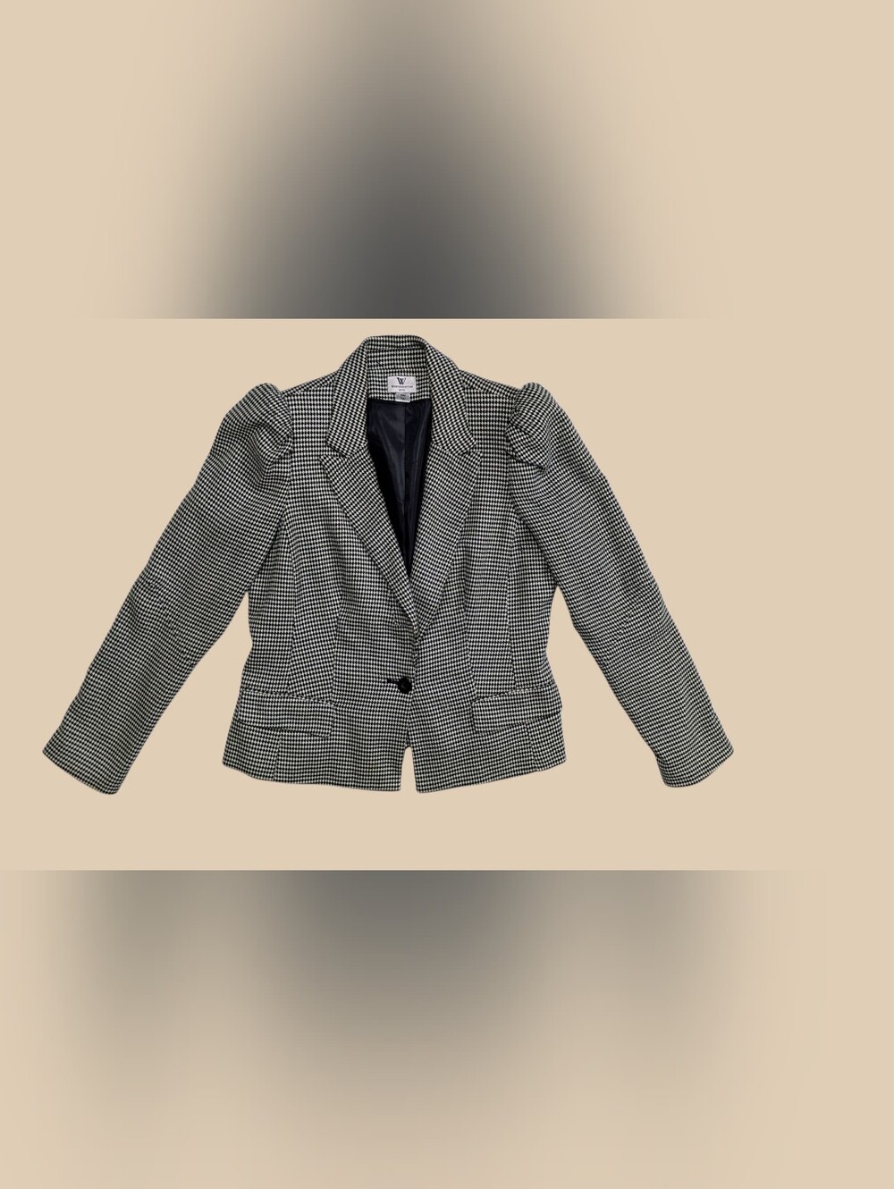 W by Worth Black and White Houndstooth Puff-Shoulder Blazer
